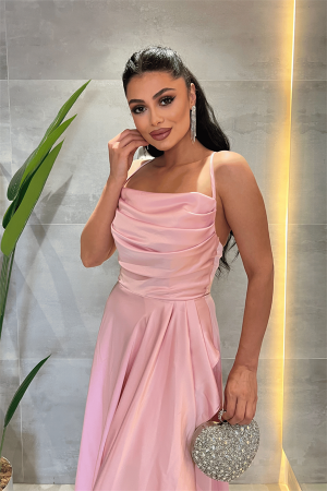 Saten Kumaş Sırtı İpli Abiye Elbise - PUDRA - 3
