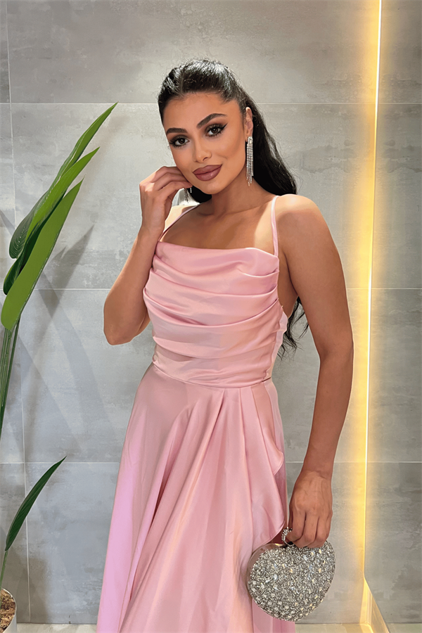 Saten Kumaş Sırtı İpli Abiye Elbise - PUDRA - 3