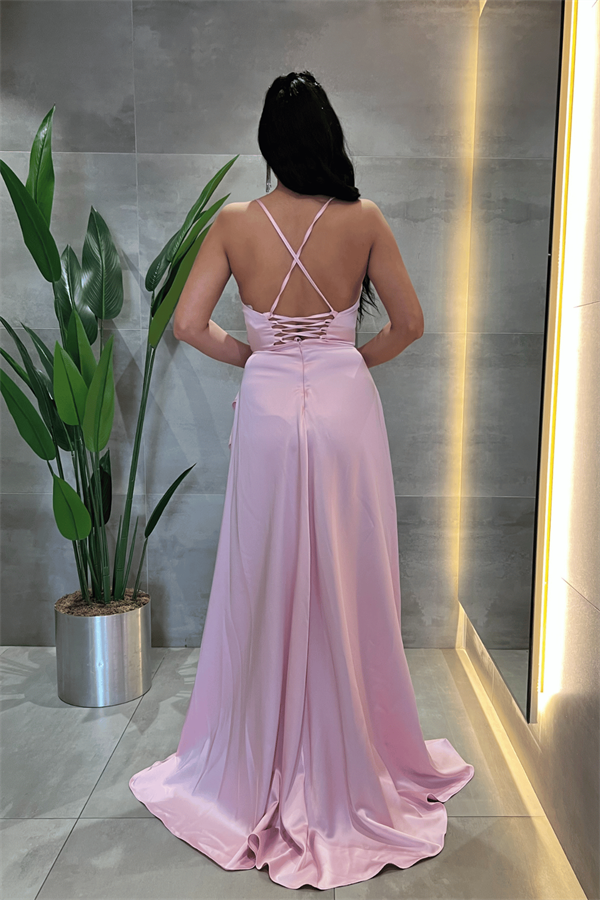 Saten Kumaş Sırtı İpli Abiye Elbise - PUDRA - 5