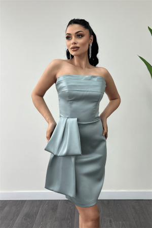 Saten Kumaş Straplez Mini Elbise - MİNT YEŞİLİ - 3