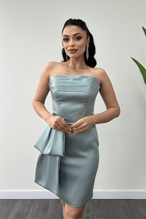 Saten Kumaş Straplez Mini Elbise - MİNT YEŞİLİ - 4