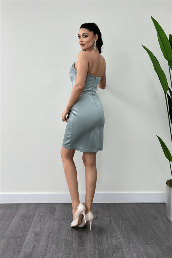 Saten Kumaş Straplez Mini Elbise - MİNT YEŞİLİ - 5