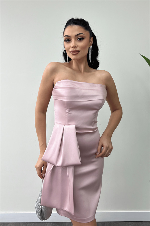 Saten Kumaş Straplez Mini Elbise - PUDRA - 3