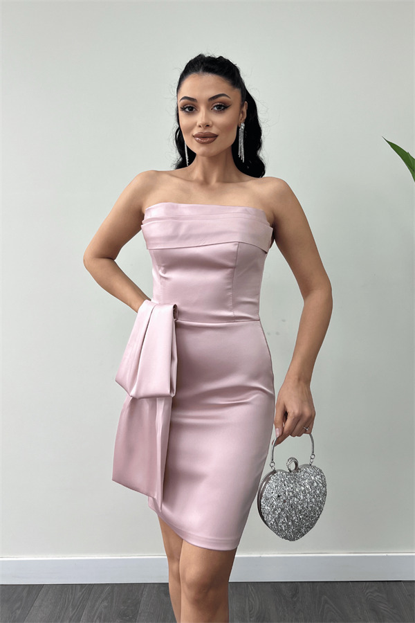 Saten Kumaş Straplez Mini Elbise - PUDRA - 4