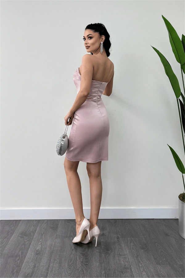 Saten Kumaş Straplez Mini Elbise - PUDRA - 5