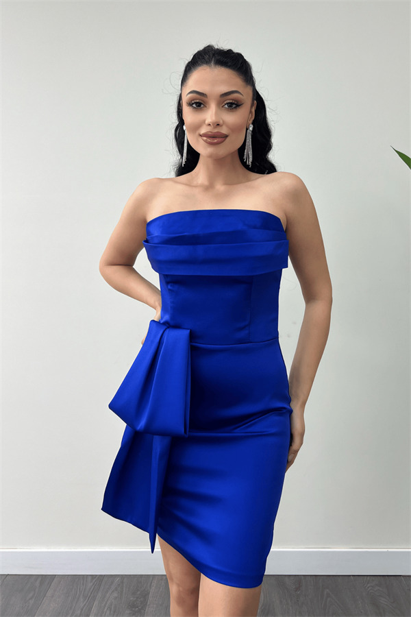 Saten Kumaş Straplez Mini Elbise - SAKS MAVİ - 3