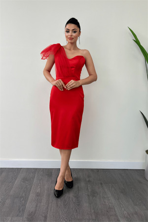 Saten Kumaş Straplez Tül Detaylı Kalem Elbise - KIRMIZI - Angelino Moda