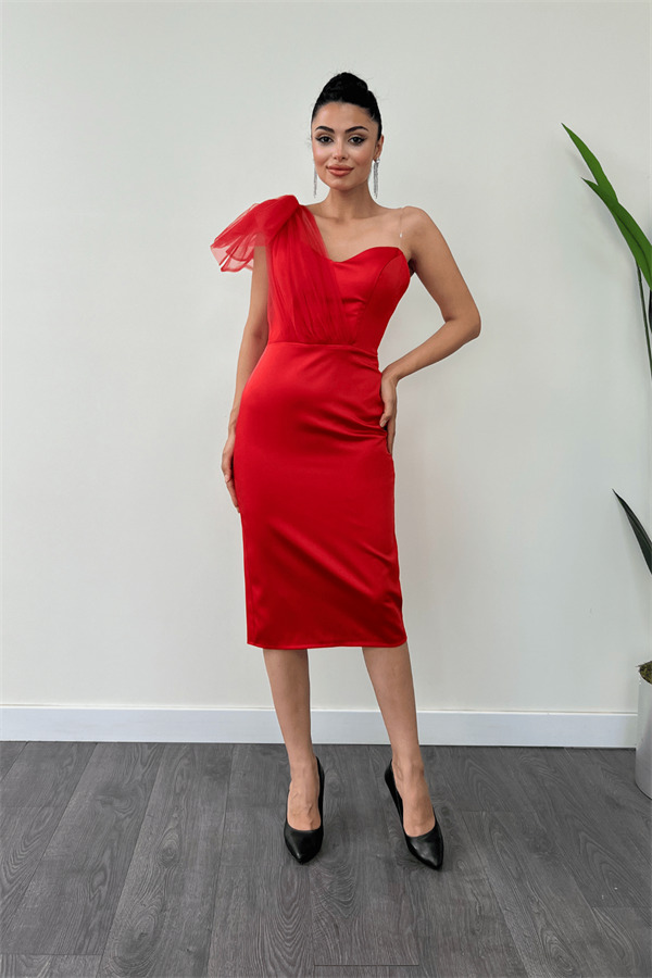 Saten Kumaş Straplez Tül Detaylı Kalem Elbise - KIRMIZI - 2