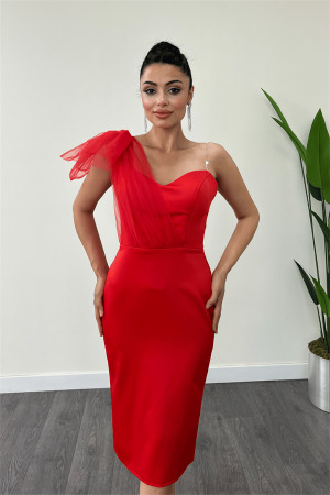 Saten Kumaş Straplez Tül Detaylı Kalem Elbise - KIRMIZI - 3
