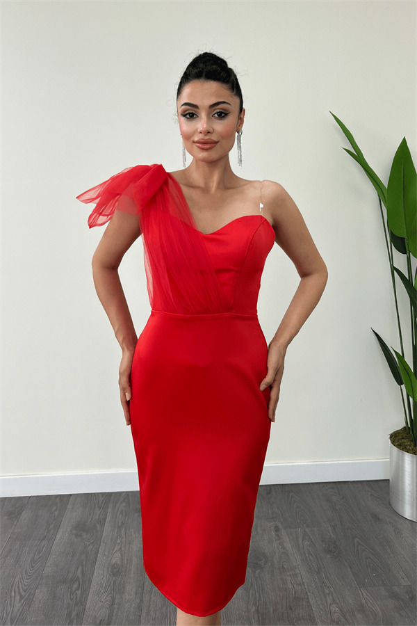 Saten Kumaş Straplez Tül Detaylı Kalem Elbise - KIRMIZI - 3