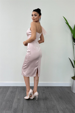 Saten Kumaş Straplez Tül Detaylı Kalem Elbise - PUDRA - 5