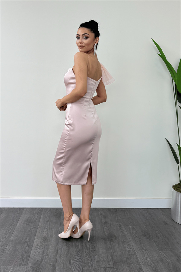 Saten Kumaş Straplez Tül Detaylı Kalem Elbise - PUDRA - 5