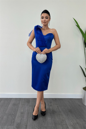Saten Kumaş Straplez Tül Detaylı Kalem Elbise - SAKS MAVİ - Angelino Moda (1)