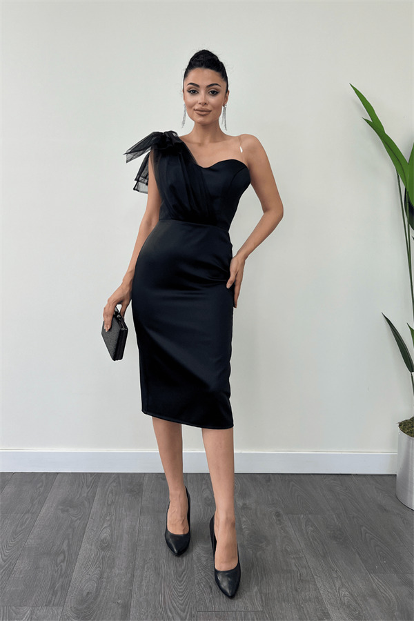 Saten Kumaş Straplez Tül Detaylı Kalem Elbise - SİYAH - 2