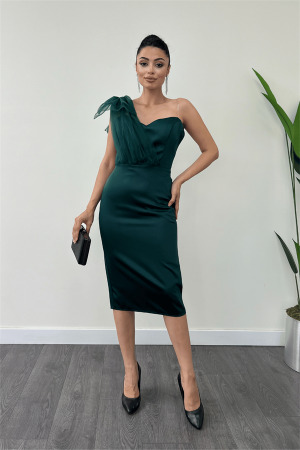Saten Kumaş Straplez Tül Detaylı Kalem Elbise - ZÜMRÜT YEŞİL - Angelino Moda