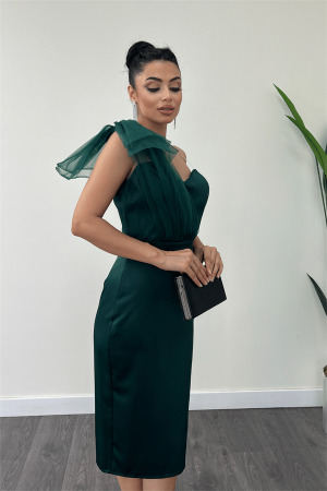 Saten Kumaş Straplez Tül Detaylı Kalem Elbise - ZÜMRÜT YEŞİL - 4