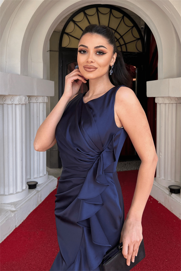 Saten Kumaş Volan Detaylı Balık Elbise - LACİVERT - 3