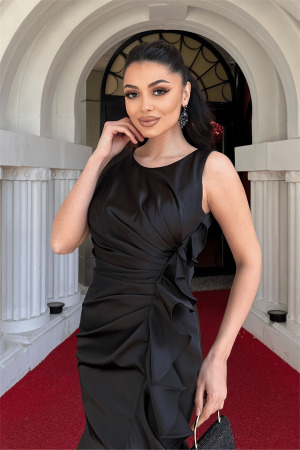 Saten Kumaş Volan Detaylı Balık Elbise - SİYAH - 3