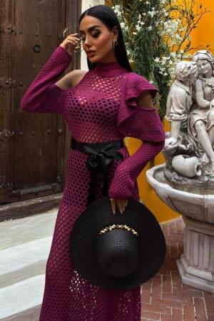 Saten Kuşaklı Ajurlu Triko Elbise 2847 - ANGELINO BuyukBedeniz (1)