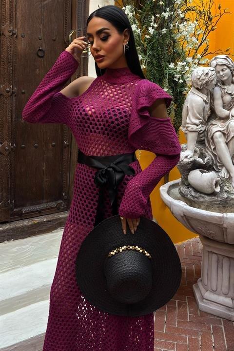 Saten Kuşaklı Ajurlu Triko Elbise 2847 - 2