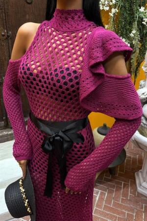 Saten Kuşaklı Ajurlu Triko Elbise 2847 - 3