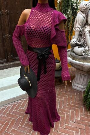 Saten Kuşaklı Ajurlu Triko Elbise 2847 - 5