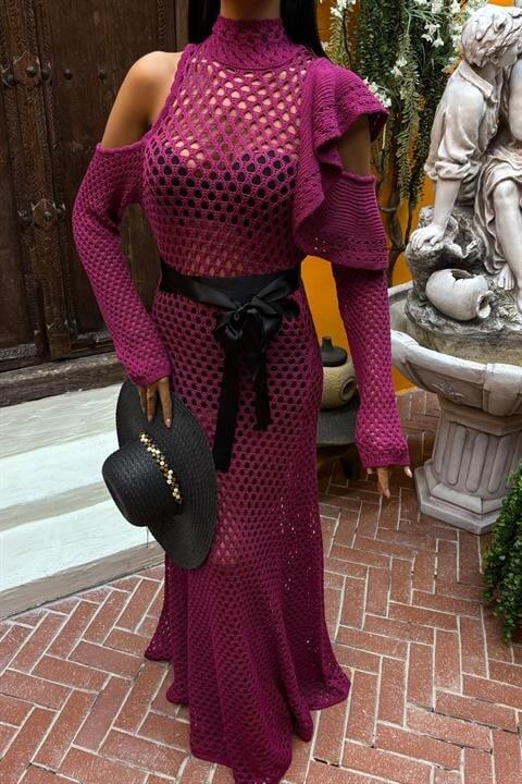 Saten Kuşaklı Ajurlu Triko Elbise 2847 - 5