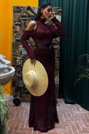 Saten Kuşaklı Ajurlu Triko Elbise 2847 - ANGELINO BuyukBedeniz