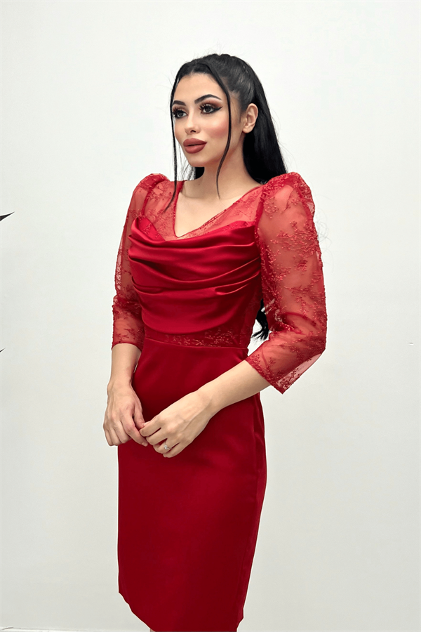 Saten Ve Tül Kumaş Degaje Yaka Abiye Elbise - KIRMIZI - 2