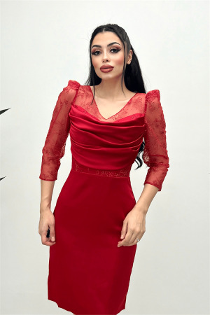 Satin And Tulle Fabric Degajeed Collar Evening Dress - RED - Angelino Moda