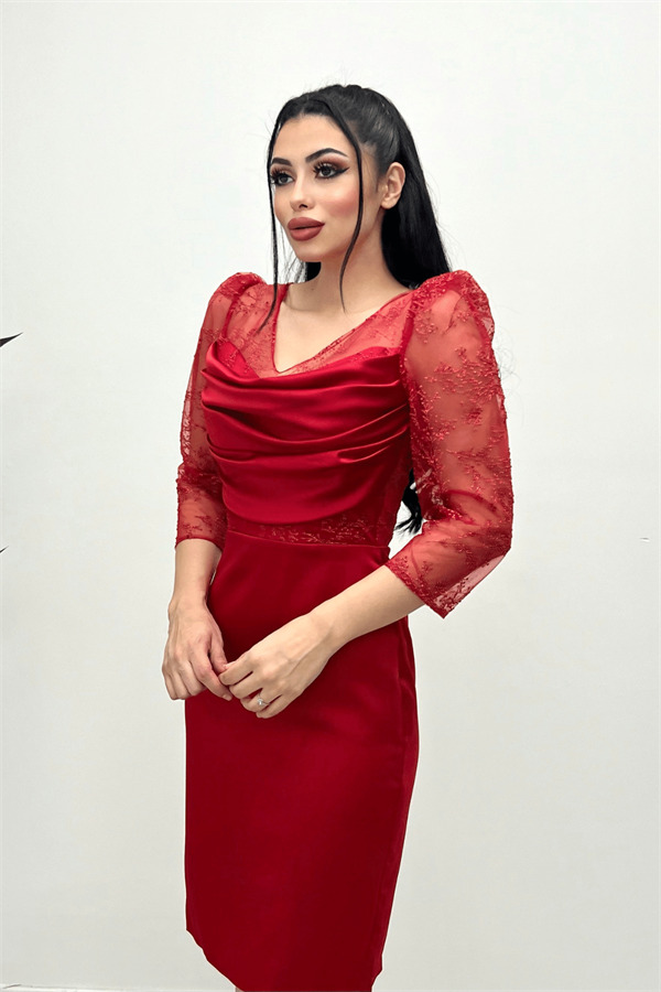 Saten Ve Tül Kumaş Degaje Yaka Abiye Elbise - KIRMIZI - 2