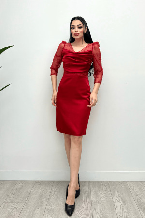 Saten Ve Tül Kumaş Degaje Yaka Abiye Elbise - KIRMIZI - 4