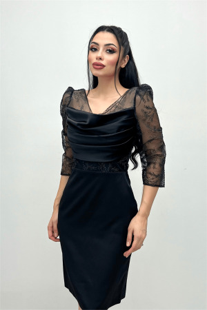 Satin And Tulle Fabric Degajeed Collar Evening Dress - BLACK - Angelino Moda (1)