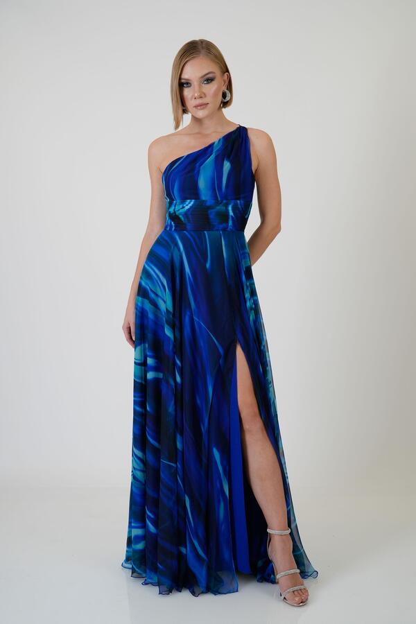 Saks Single Sleeve Slit Printed Evening Dress - 2