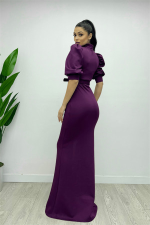 Scuba Fabric Stand Collar Dress - Eggplant Purple - 5