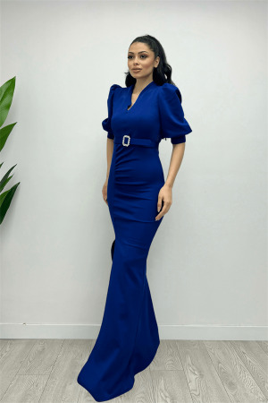 Scuba Kumaş Dik Yaka Elbise - SAKS MAVİ - 5