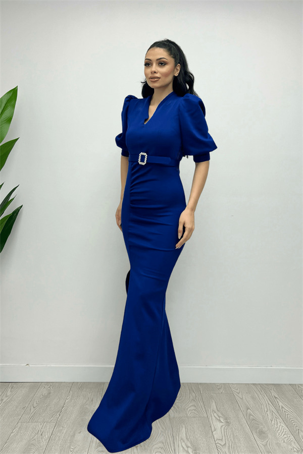 Scuba Kumaş Dik Yaka Elbise - SAKS MAVİ - 5