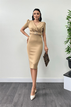 Scuba Fabric Belt Detailed Pencil Dress - BEIGE - Angelino Moda