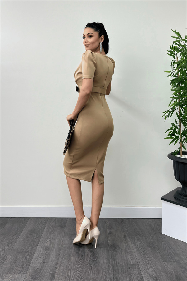 Scuba Fabric Belt Detailed Pencil Dress - BEIGE - 5