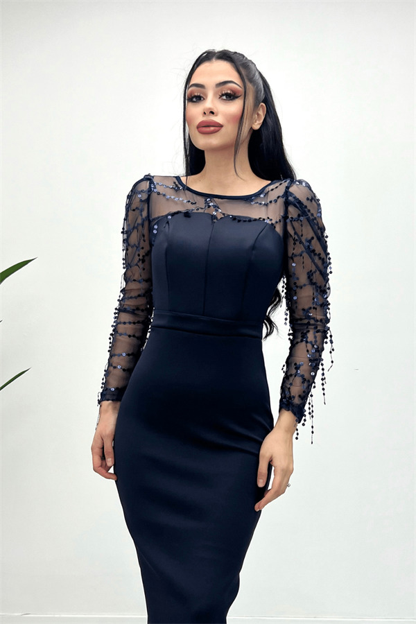 Scuba Kumaş Pul Saçaklı Elbise - Lacivert - 2