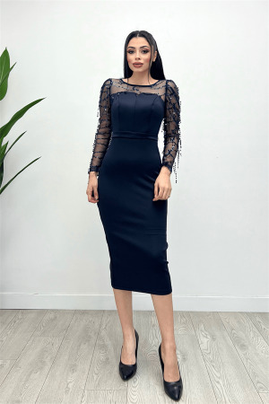 Scuba Kumaş Pul Saçaklı Elbise - Lacivert - 3