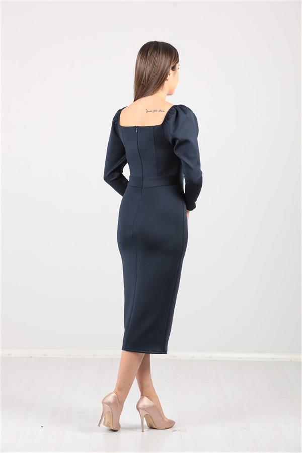 Scuba Kumaş Yırtmaç Detaylı Elbise - Lacivert - 3