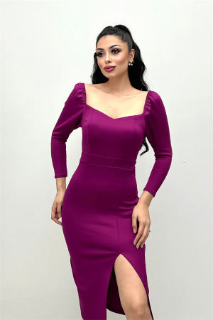 Scuba Fabric Slit Detailed Dress - Plum - Angelino Moda