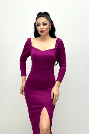 Scuba Fabric Slit Detailed Dress - Plum - Angelino Moda (1)