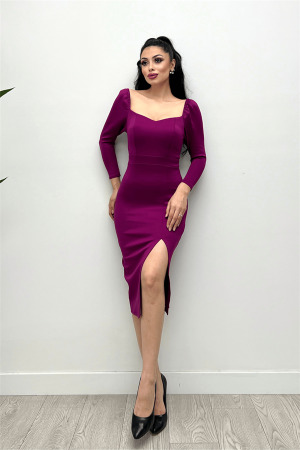 Scuba Kumaş Yırtmaç Detaylı Elbise - Mürdüm - 3