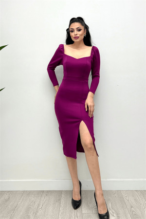 Scuba Kumaş Yırtmaç Detaylı Elbise - Mürdüm - 4