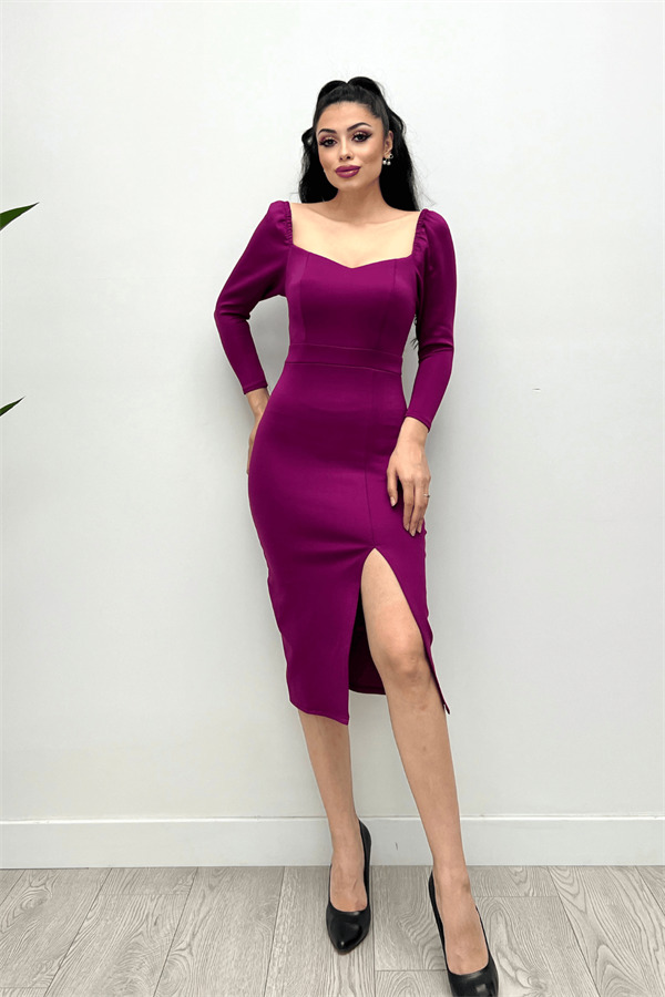 Scuba Kumaş Yırtmaç Detaylı Elbise - Mürdüm - 4