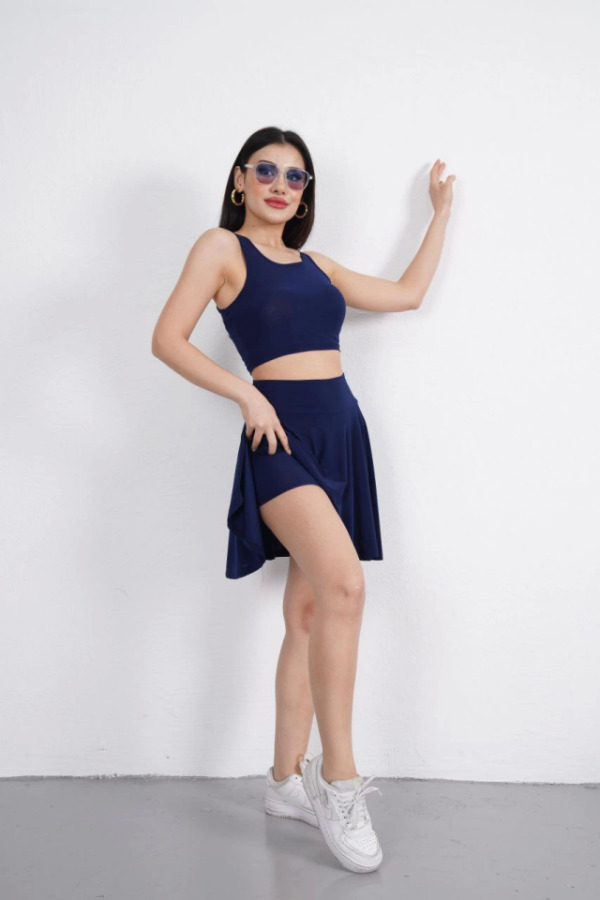 Sendy Kumaş Bisiklet Yaka Crop Şortlu Etek Ikili Takım - Lacivert - 2