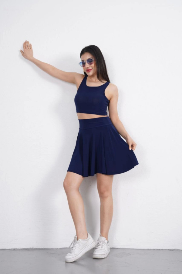Sendy Kumaş Bisiklet Yaka Crop Şortlu Etek Ikili Takım - Lacivert - 3