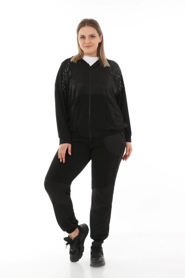 Sequin Detailed Plus Size Tracksuit Black - 1